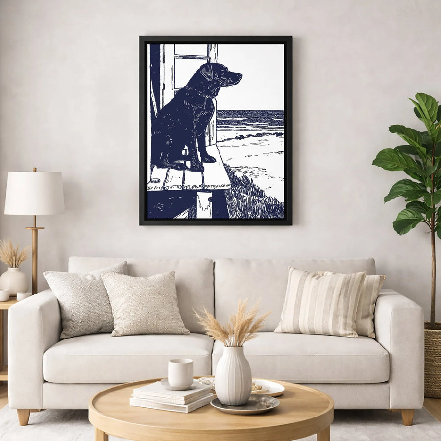 Black Labrador Dog Canvas Print | Coastal Beach Porch Linocut Art | Premium Gallery Wrapped Decor | Gift for Dog Lovers & Pet Owners