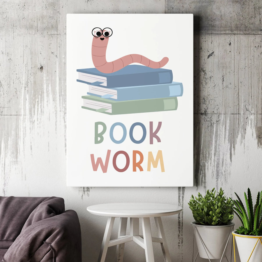 Book Worm Wall Art | Cute Reading Worm Illustration | Gallery-Quality 1.25" Canvas | Premium Nursery Decor or Library Gift
