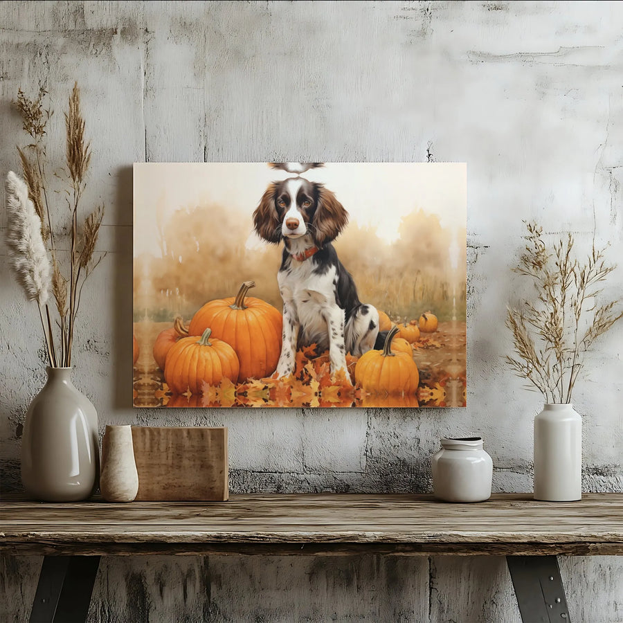 English Springer Spaniel Wall Art | Autumn Pumpkin Patch Watercolor Print | Gallery Wrapped Canvas | Fall Dog Lover Gift