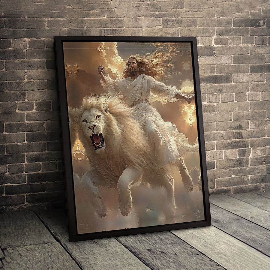 Jesus Riding Lion of Judah Canvas | Christian Wall Art Print | Premium Fade-Resistant Gallery Wrap | Religious Home Decor Gift for Believers