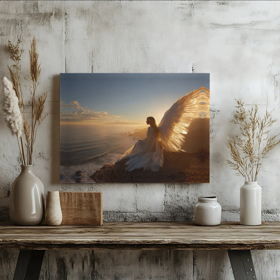 Angel Wall Art Canvas | Ethereal Sunset Ocean Cliff Landscape | Premium Gallery Wrapped Print | Spiritual Home Decor Gift for Serene Living