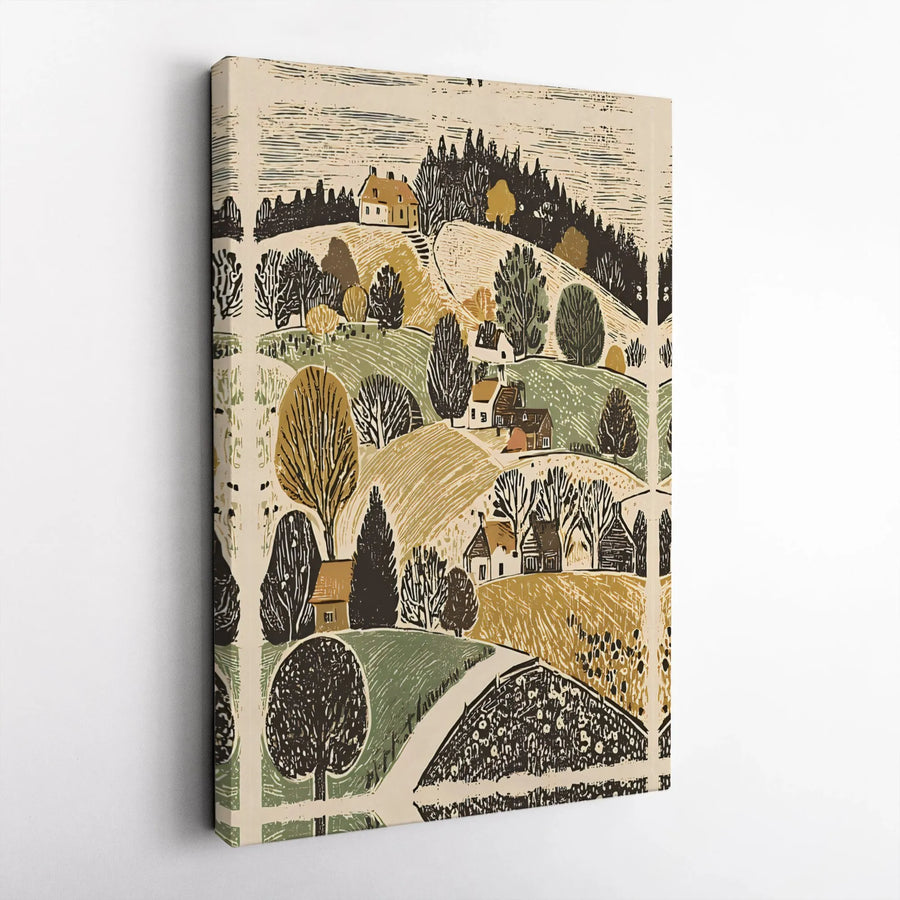 Rustic Countryside Canvas Print | Linocut Style Rolling Hills Art | Premium Gallery Wrapped Canvas | Farmhouse Living Room Decor Gift