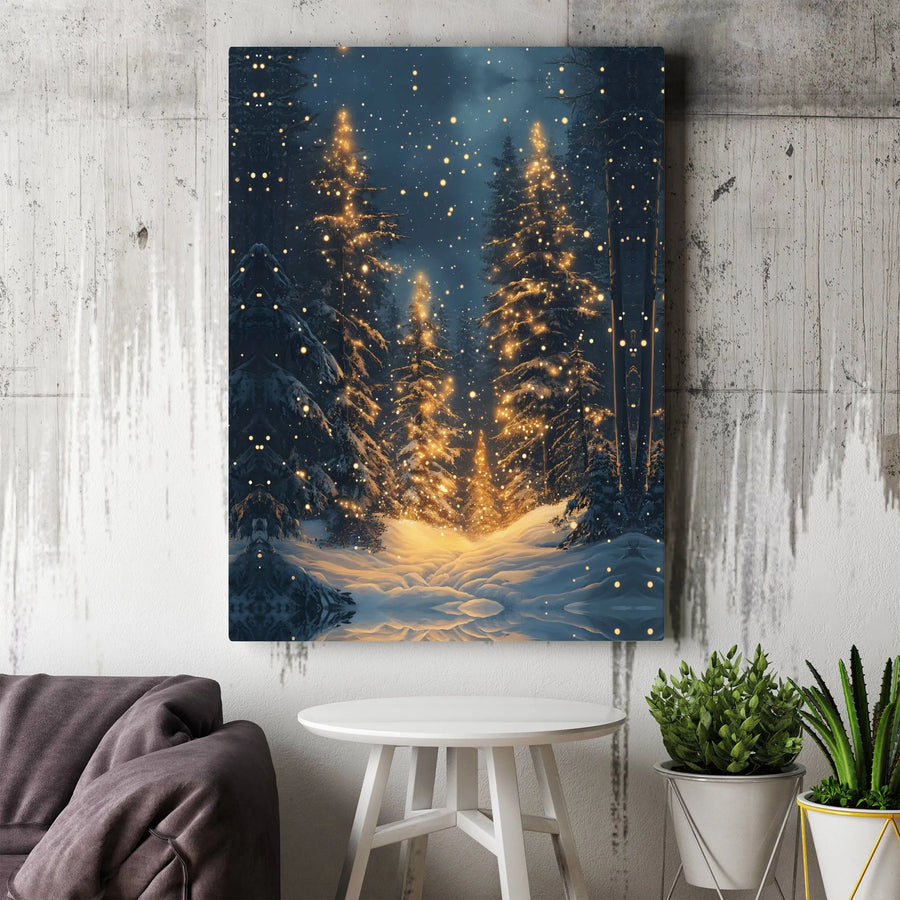Winter Forest Canvas Wall Art | Glowing Pine Trees Christmas Decor | Premium Gallery Wrap Print | Seasonal Holiday Home Gift