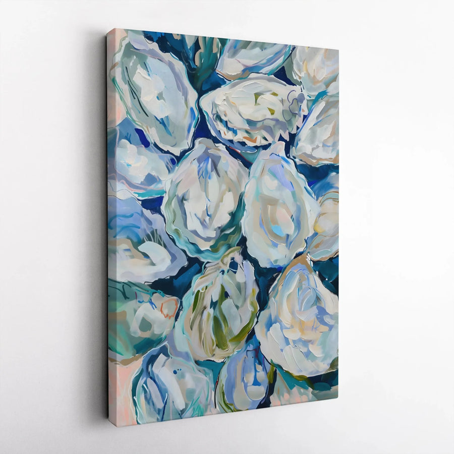Abstract Oyster Shell Canvas Print | Coastal Blue and White Wall Art | Premium Gallery Wrap 1.25" Frame | Modern Nautical Home Decor