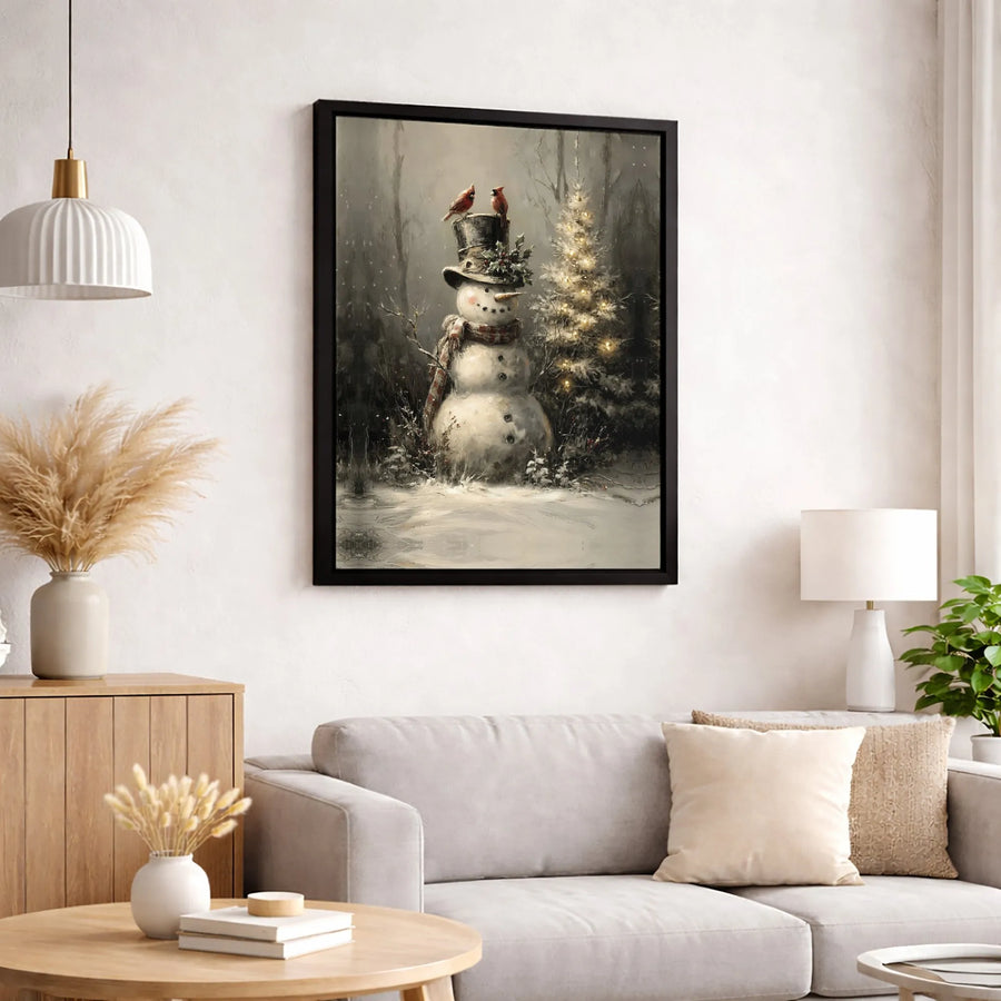 Vintage Snowman Canvas Wall Art | Cardinals on Top Hat Christmas Decor | Premium Gallery-Wrapped Print | Holiday Seasonal Gift for Home