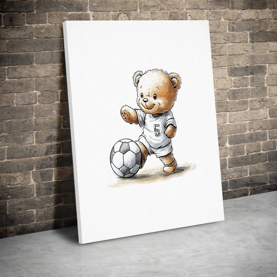 Soccer Teddy Bear Canvas Wall Art | Cute Cartoon Animal Illustration | Premium Gallery Wrapped Canvas | Nursery & Kids Room Decor Gift