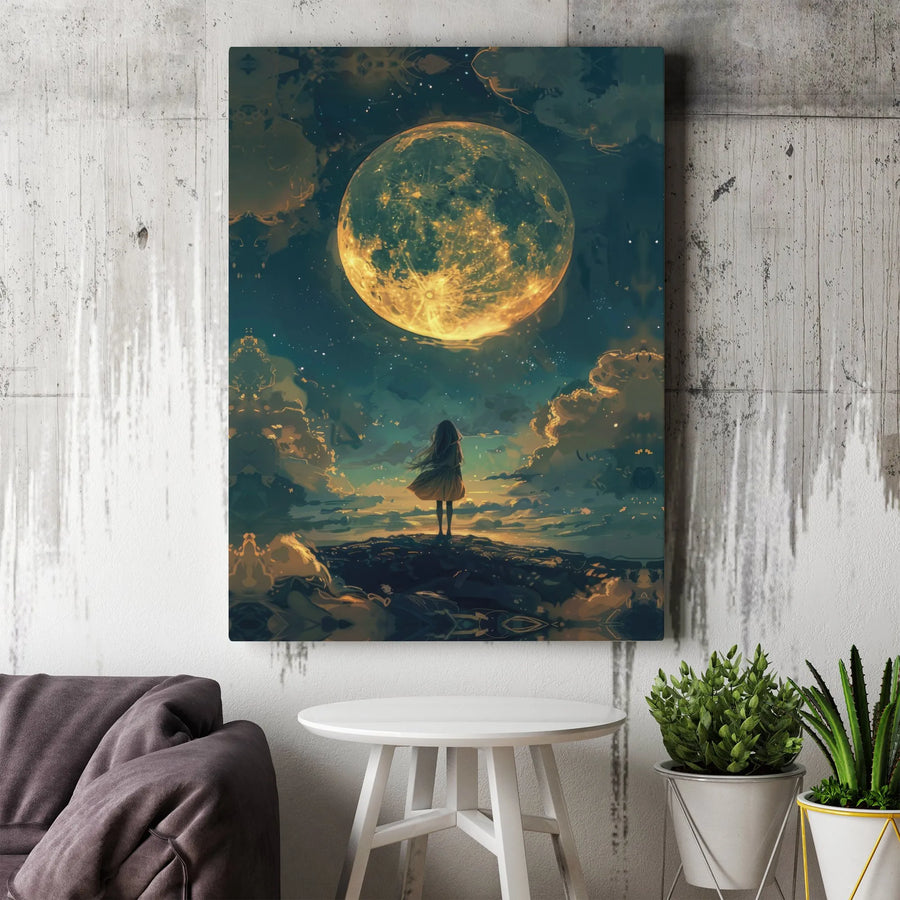 Girl Looking At Golden Moon Canvas Wall Art | Whimsical Starry Night Celestial Print | Gallery Quality Fade-Resistant | Dreamy Home Decor Gift