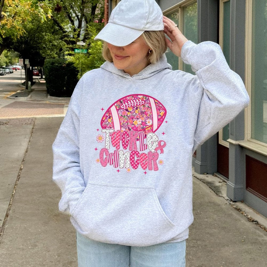 Tackle Cancer Football Hoodie | Floral Pink Ribbon Design | Premium Cotton Blend | Gift for Cancer Survivor & Awareness Month