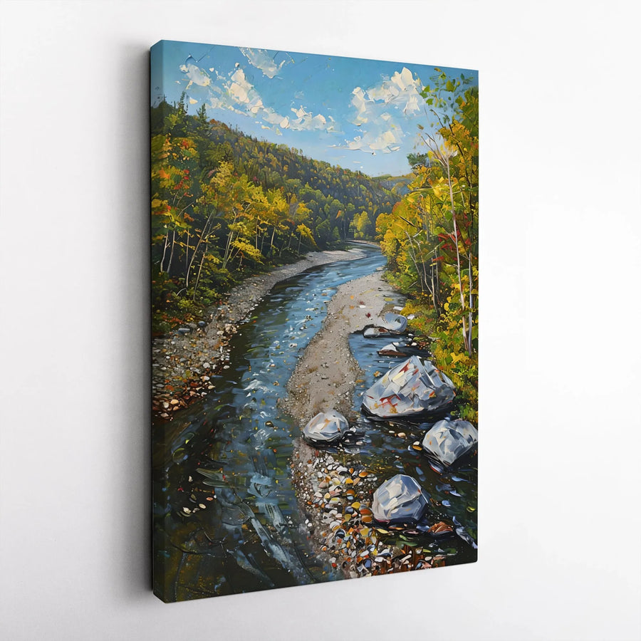 Autumn River Forest Landscape Canvas | Impasto Style Nature Wall Art | 1.25-Inch Premium Gallery Profile | Scenic Home Decor Gift for Nature Lovers