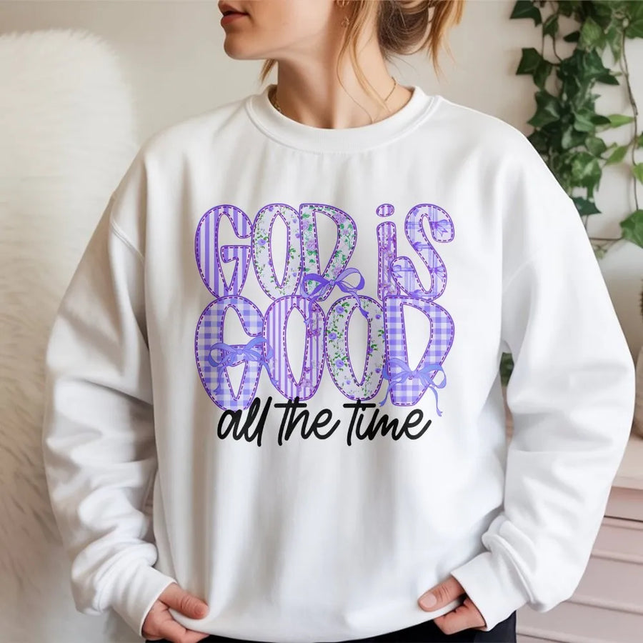 God Is Good Sweatshirt | Purple Patchwork Floral Lettering | Premium Soft Cotton Tee | Inspirational Christian Gift for Women