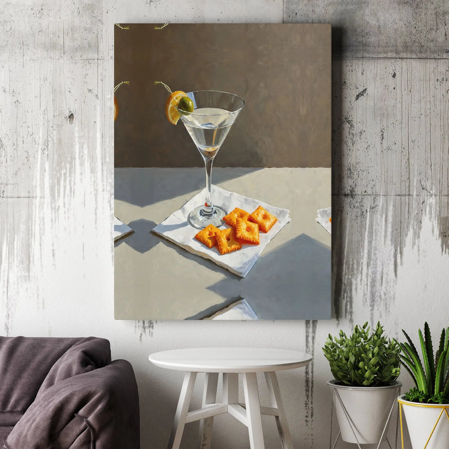 Martini and Crackers Canvas Art | Still Life Kitchen Wall Decor | Premium Fade-Resistant Print | Bar Cart Decor Gift for Cocktail Lovers