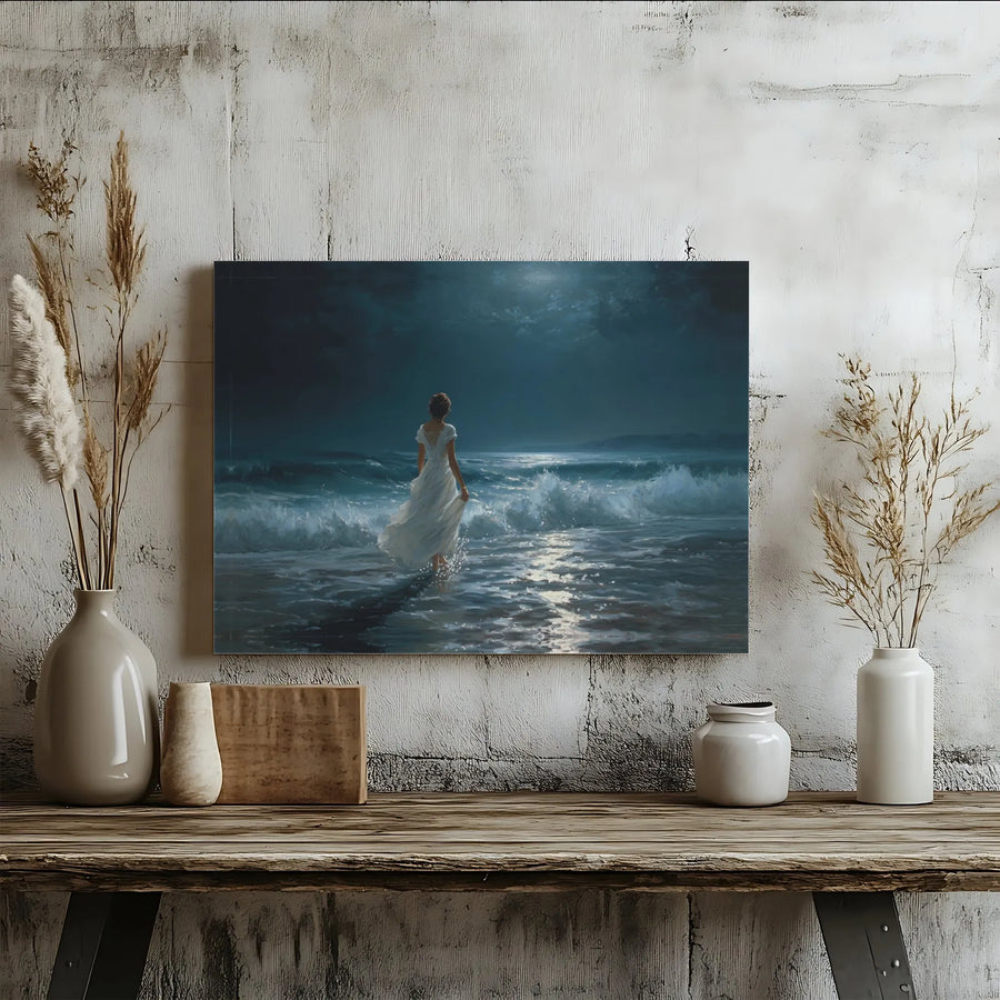 Moonlit Ocean Canvas Wall Art | Woman in White Dress Seascape | Premium Gallery Wrapped Print | Romantic Bedroom Decor Gift