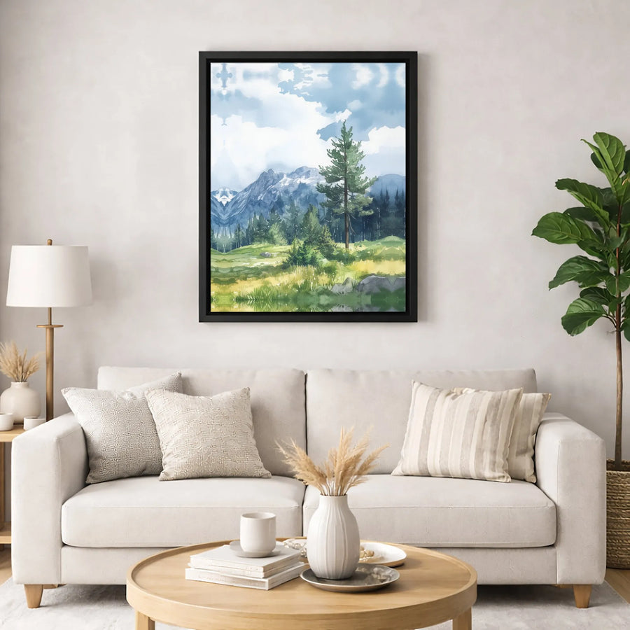 Mountain Landscape Canvas Wall Art | Watercolor Pine Forest Scene | Premium Fade-Resistant Gallery Print | Nature Lover Home Decor Gift