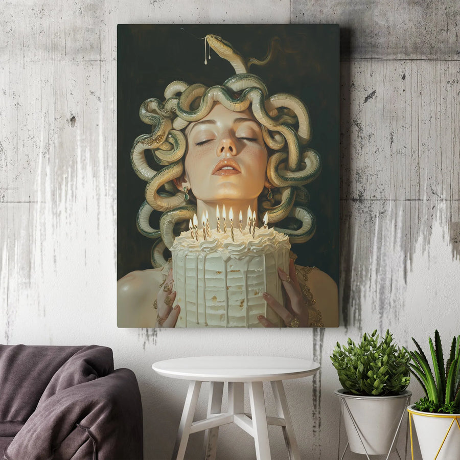 Medusa Birthday Wall Art | Surreal Mythological Oil Painting Style | 1.25-Inch Gallery Wrapped Canvas | Unique Dark Academia Home Decor Gift