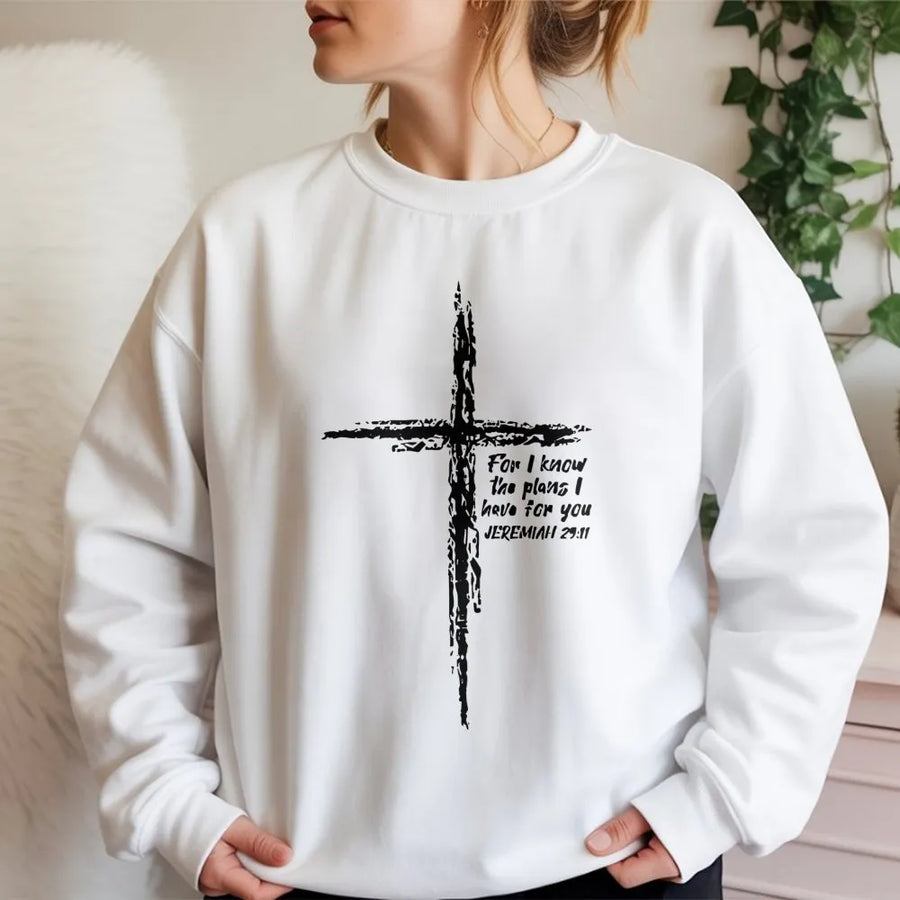 Jeremiah 29:11 Sweatshirt | Distressed Cross Minimalist Graphic | Premium Cotton Blend | Christian Bible Verse Gift for Men and Women