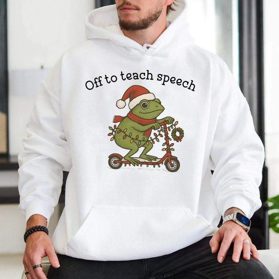Speech Therapist Christmas Hoodie | Funny Frog on Scooter Graphic | Premium Cotton Blend | Gift for SLP Language Pathologist