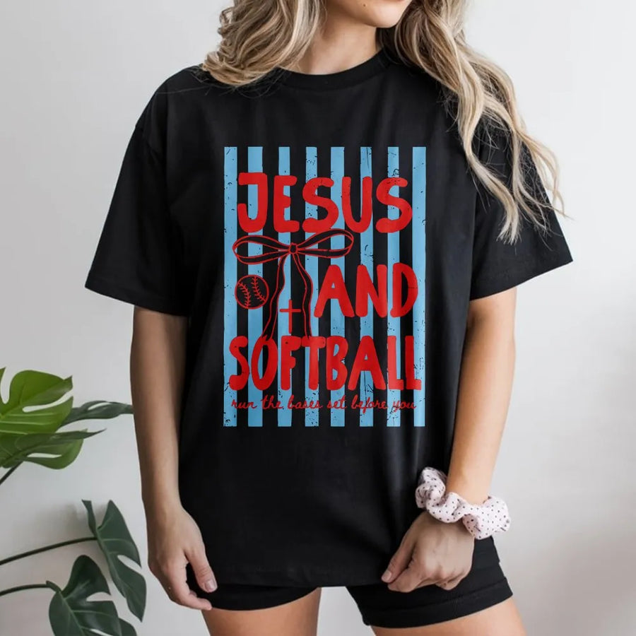 Christian Softball Mom Shirt | Jesus and Softball Game Day Graphic | Soft Cotton Tee | Faith Based Team Mom Gift
