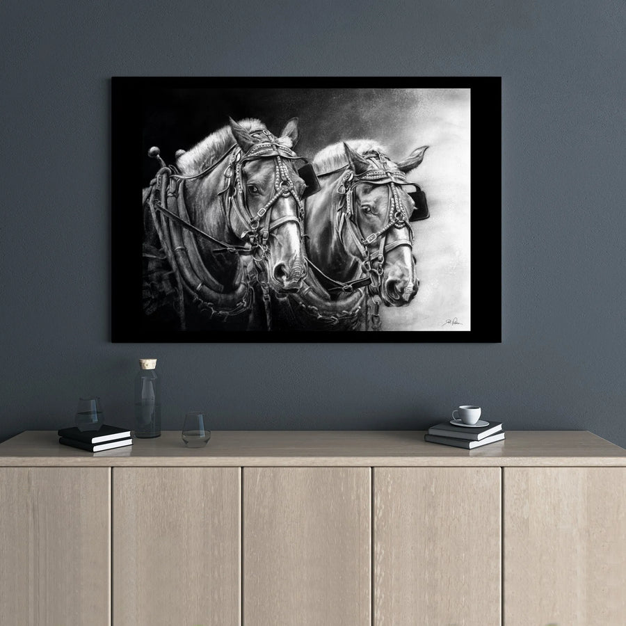 Draft Horses Canvas Wall Art | Charcoal Sketch Farmhouse Decor | Premium Gallery Wrap Print | Horse Lover Equestrian Gift