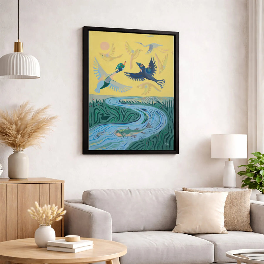 Abstract Nature Canvas Wall Art | Whimsical Ducks And River Landscape Print | Gallery Quality 1.25" Profile | Modern Wildlife Home Decor Gift