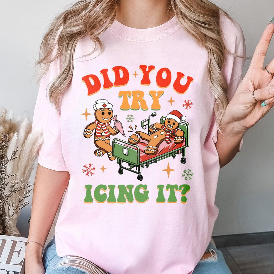 Nurse Christmas T-Shirt | Funny Gingerbread Icing Medical Pun | 100% Cotton Premium Tee | Holiday Gift for ICU Nurses and Healthcare Workers