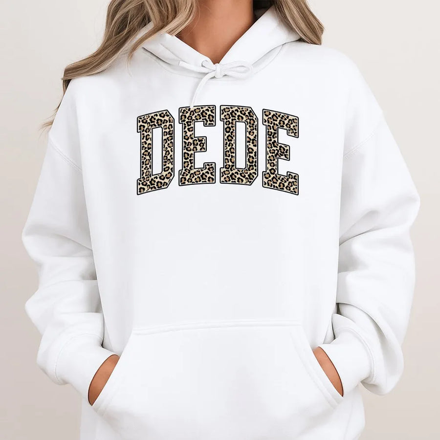 Dede Hoodie Sweatshirt | Leopard Print Varsity Letters | Soft Cotton Blend | Unique Gift for Grandma, Mother's Day