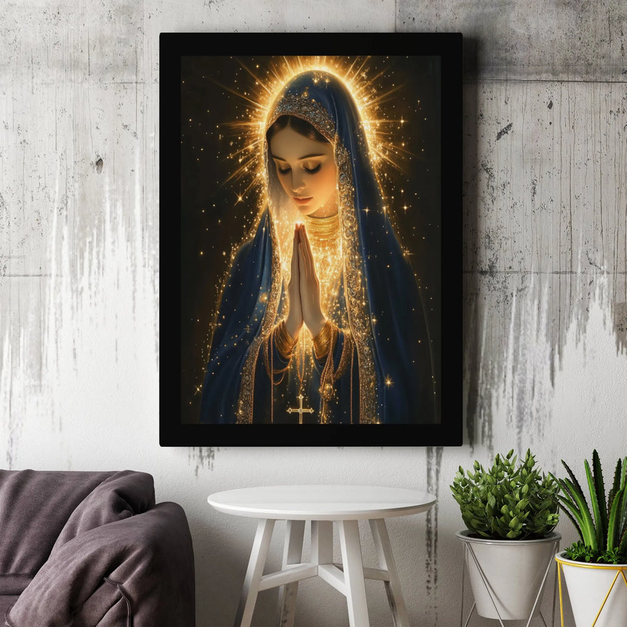 Virgin Mary Wall Art Canvas | Radiant Gold Halo Religious Print | 1.25 Inch Gallery Wrap | Christian Home Decor Gift