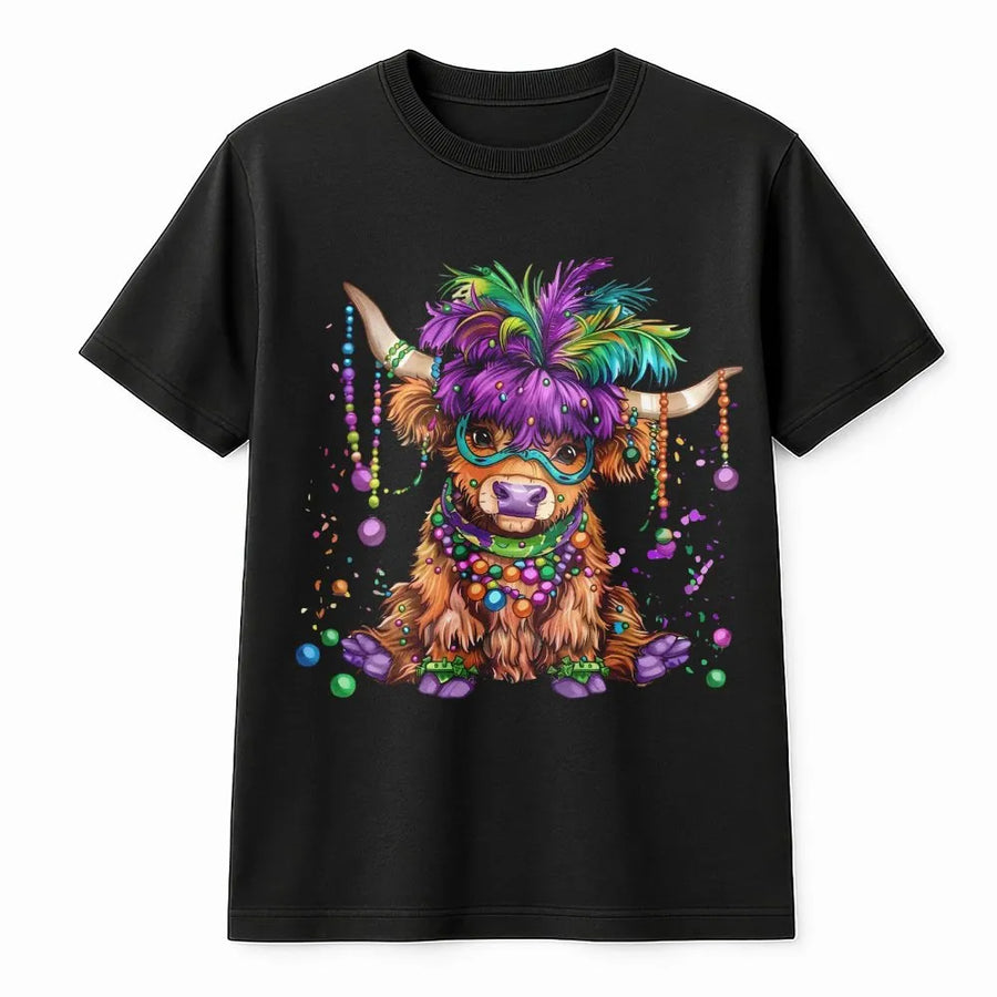 Mardi Gras Highland Cow T-Shirt | Colorful Carnival Mask and Beads Graphic | Premium Soft Cotton | Fun Party Gift for New Orleans Fans