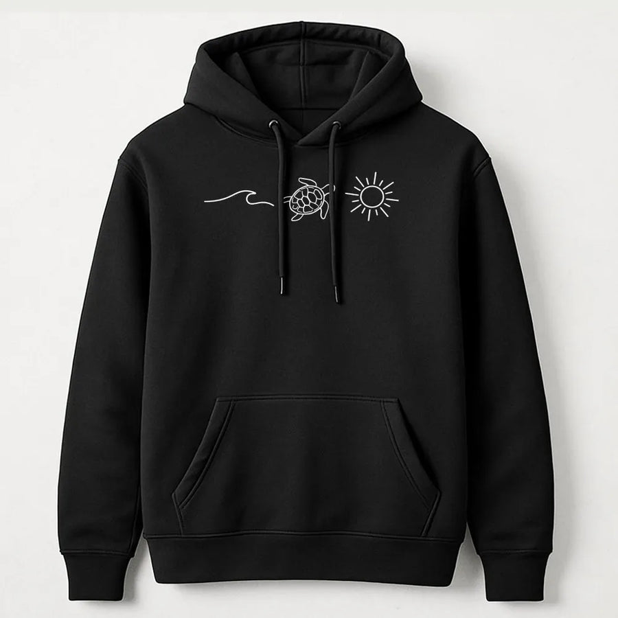 Minimalist Sea Turtle Hoodie | Ocean Wave and Sun Line Art | Soft Cotton Blend | Gift for Beach Lover