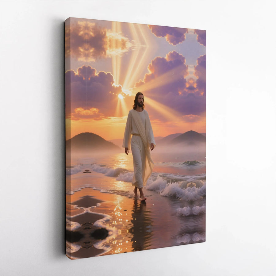 Jesus Walking On Water Canvas | Scenic Sunrise Religious Wall Art | Premium 1.25 Inch Gallery Wrap | Christian Home Decor Gift