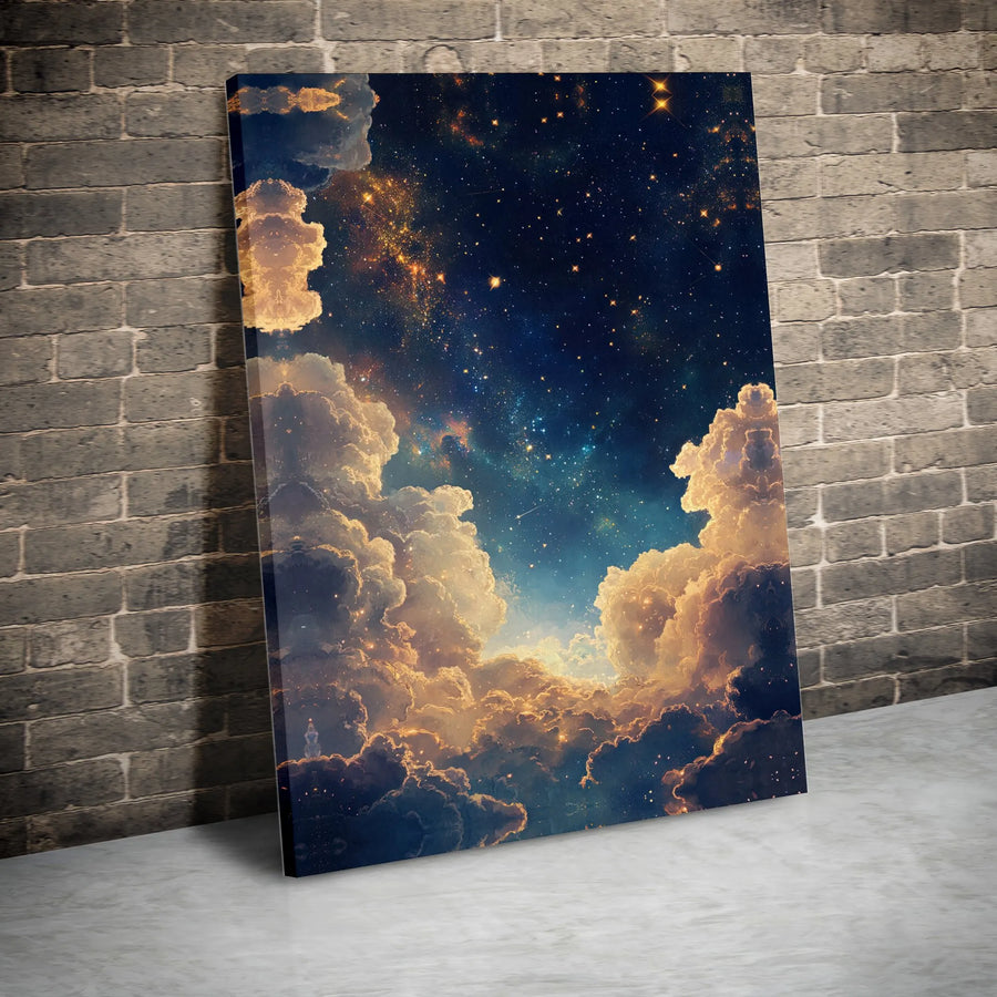 Celestial Night Sky Canvas Print | Golden Clouds & Stars Painting | Premium Frameless Gallery Wrap | Modern Home Decor Gift