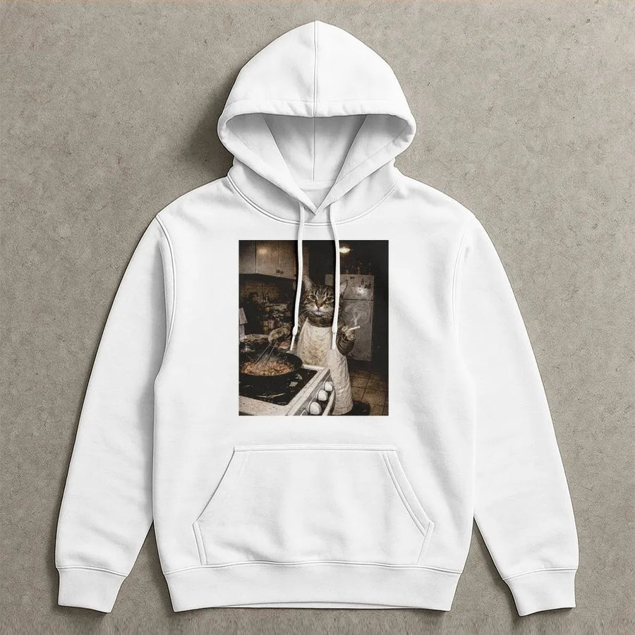Funny Cat Meme Hoodie | Retro Cooking Cat Graphic | Soft Unisex Crewneck | Gift for Cat Lovers and Meme Fans