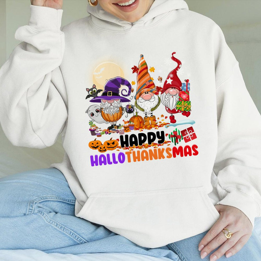 Hallothanksmas Hoodie | Funny Gnome Pumpkin Santa Graphic | Cotton-Poly Blend Premium Quality | Festive Holiday Gift For Men And Women