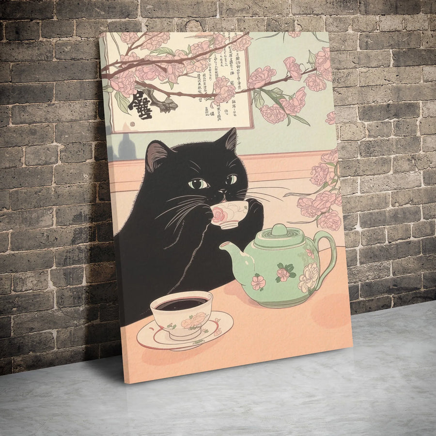 Black Cat Wall Art | Japanese Ukiyo-e Cherry Blossom Print | Premium Gallery Wrap Canvas | Whimsical Tea Party Gift for Cat Lovers