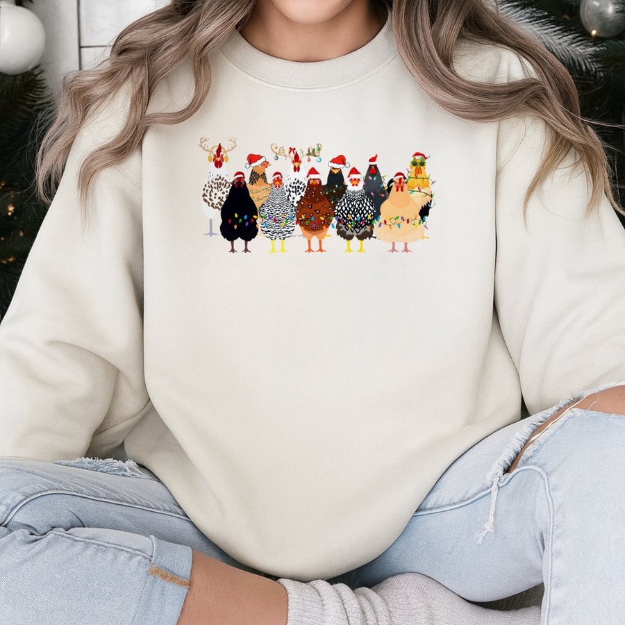 Funny Chicken Christmas Sweatshirt | Festive Santa Hat Hens with Lights | Premium Cotton Blend Crewneck | Holiday Gift for Chicken Lovers & Farmers