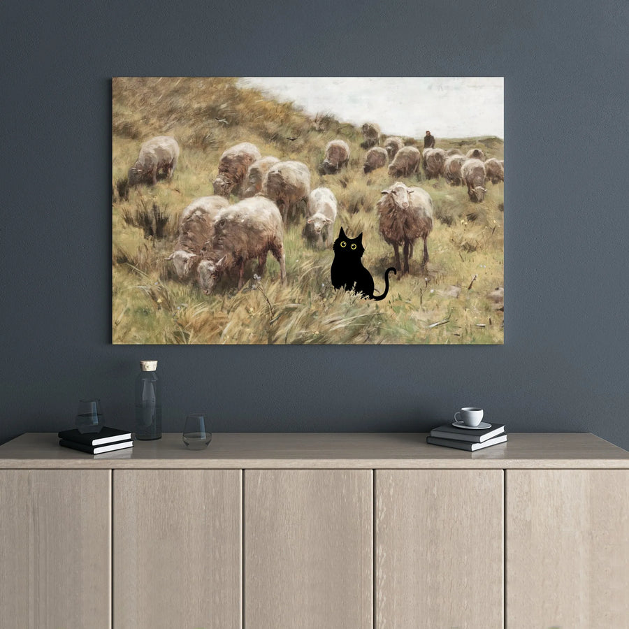 Black Cat Among Sheep Canvas Print | Whimsical Oil Painting Style | Premium Gallery Wrap Wall Art | Unique Farmhouse Decor Gift