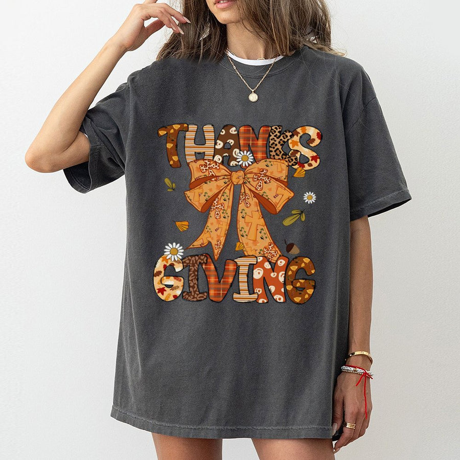 Thanksgiving Coquette Bow T-Shirt | Autumn Fall Preppy Graphic Tee | 100% Cotton Comfort Shirt | Trendy Holiday Gift for Women