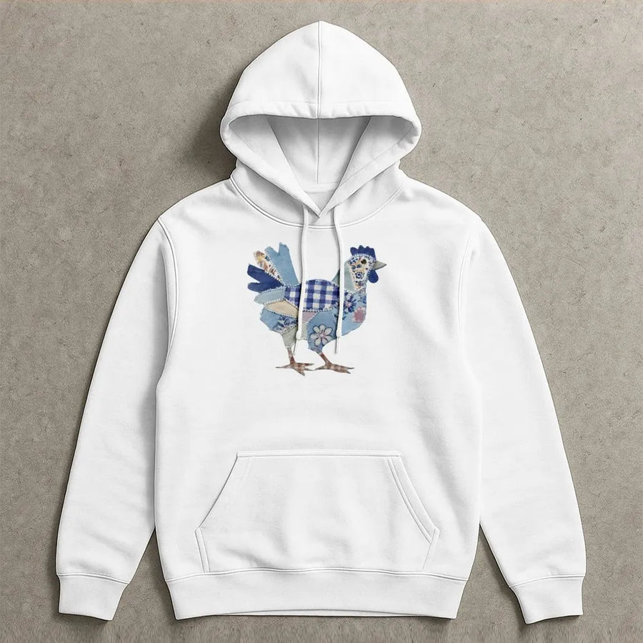 Patchwork Chicken Hoodie | Vintage Farmhouse Graphic Print | Premium Cotton Blend | Cute Easter Gift for Chicken Lover