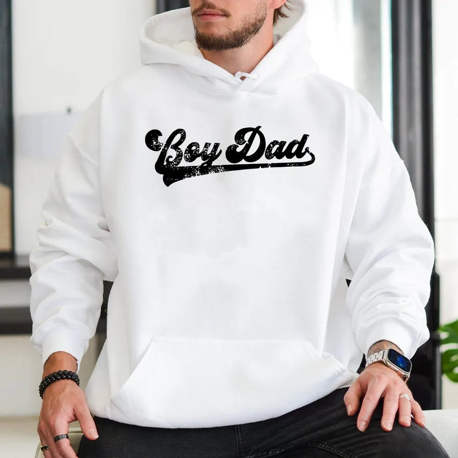 Boy Dad Hoodie | Retro Script Distressed Graphic | Premium Cotton-Blend Sweatshirt | Gift for New Dad, Father's Day