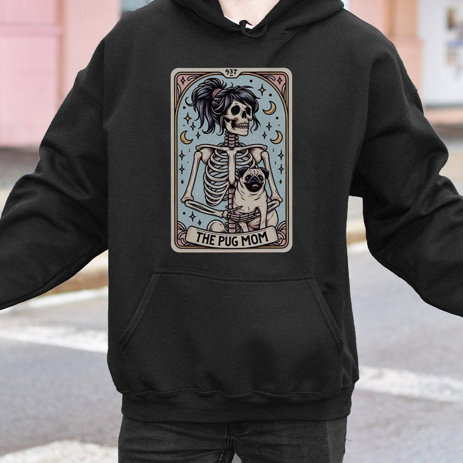 Pug Mom Hoodie | Skeleton Tarot Card Graphic | Premium Cotton Blend | Spooky Dog Lover Gift for Her