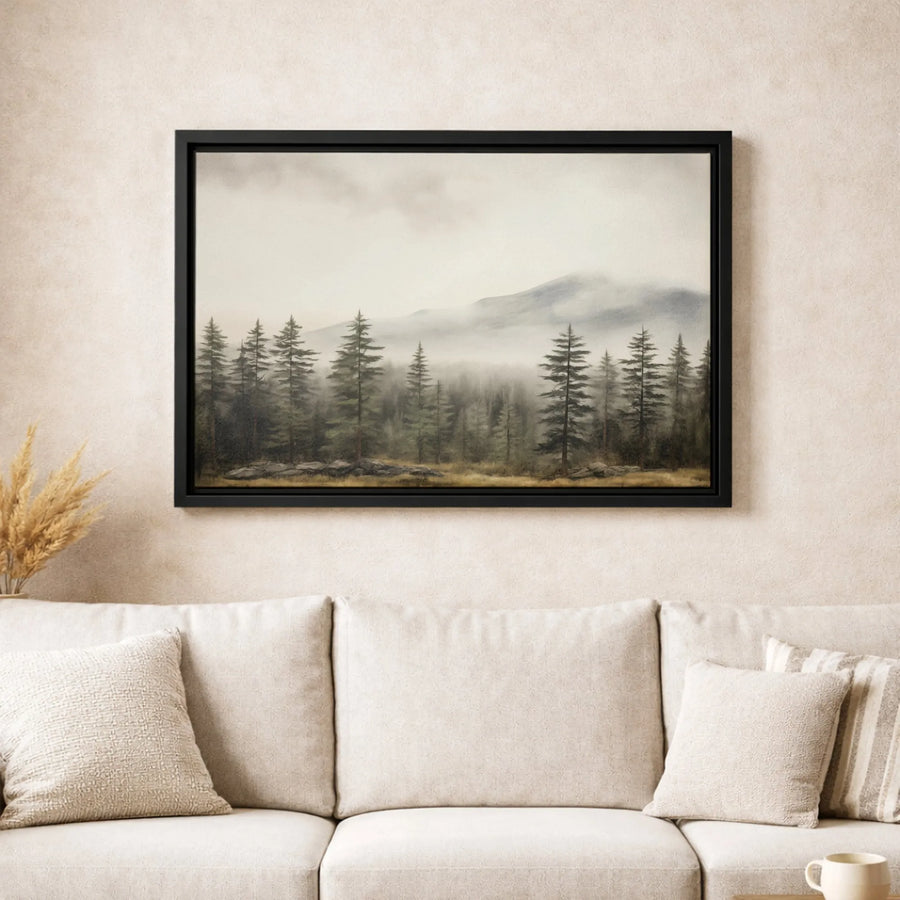 Foggy Mountain Forest Canvas Wall Art | Misty Pine Trees Landscape | Premium Gallery Wrapped Print | Modern Minimalist Home Decor Gift