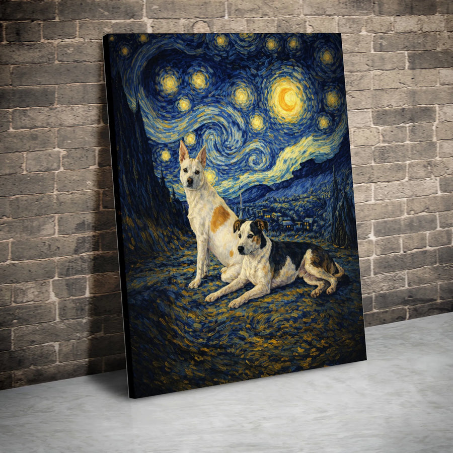 Starry Night Dogs Canvas Wall Art | Impressionist Pet Portrait Print | Premium Gallery Wrapped Canvas | Gift for Dog Lovers & Art Fans