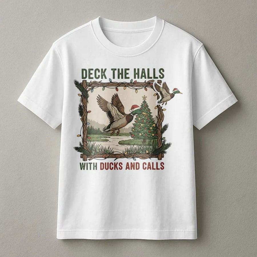 Duck Hunting Christmas T-Shirt | Deck The Halls With Ducks And Calls Graphic | Premium Cotton Unisex Tee | Funny Hunter Holiday Gift For Him