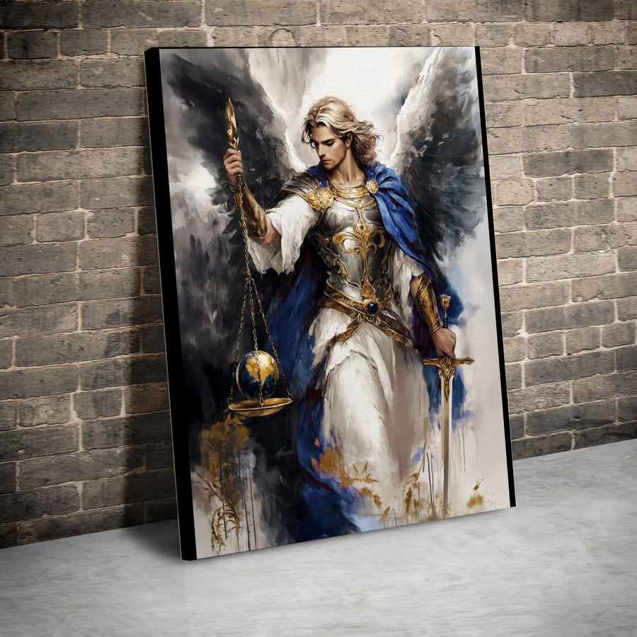 Archangel Michael Canvas Wall Art | Warrior Angel With Scales Of Justice | Premium Gallery Wrap Print | Spiritual Home Decor Gift
