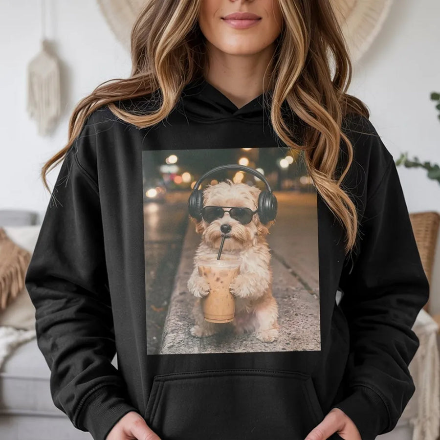 Funny Havanese Hoodie | Dog with Headphones Drinking Coffee Meme | Soft Cotton Graphic Tee | Gift for Dog Mom Lover