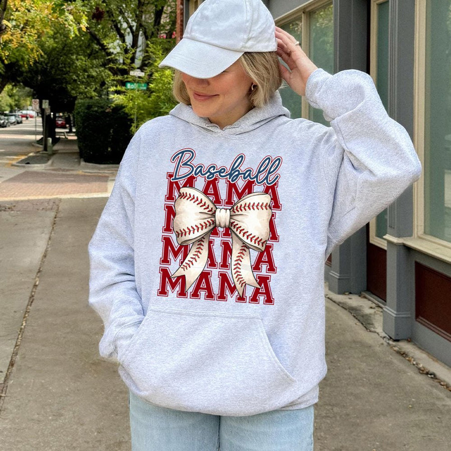 Baseball Mama Hoodie | Coquette Bow Graphic Design | Premium Cotton-Blend Sweatshirt | Game Day Gift for Baseball Mom