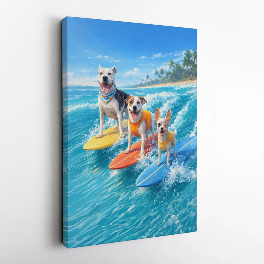 Surfing Dogs Canvas Wall Art | Funny Tropical Beach Scene Print | Premium Gallery Wrap Canvas | Gift for Dog Lover, Coastal Home Decor