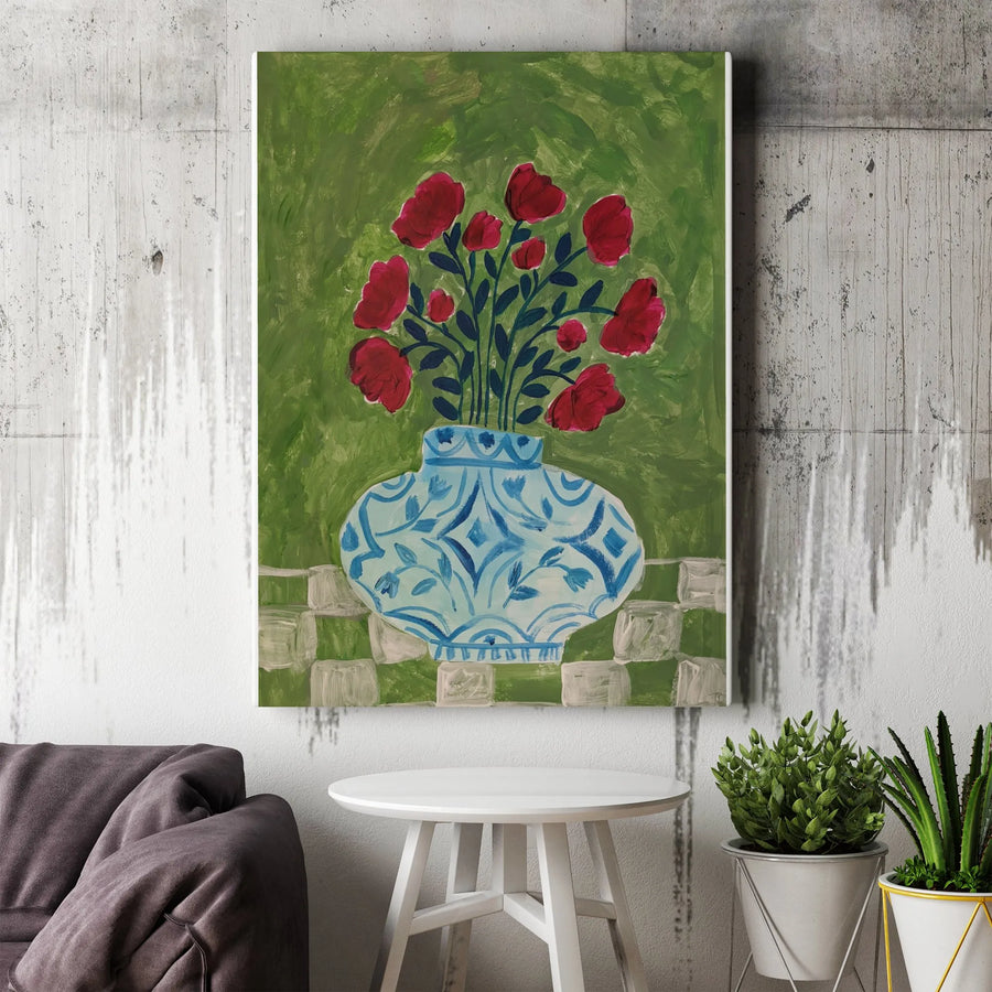 Impressionist Floral Canvas Art | Red Poppies in Blue and White Chinese Vase Painting | Premium Gallery Wrapped Print | Living Room & Kitchen Wall Decor Gift