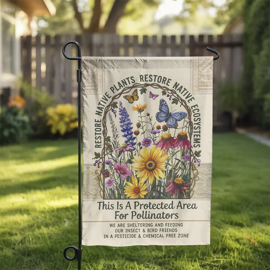 Pollinator Garden Flag | Vintage Botanical Wildflower & Butterfly Art | Double Sided Weather Resistant Polyester | Gift for Gardener