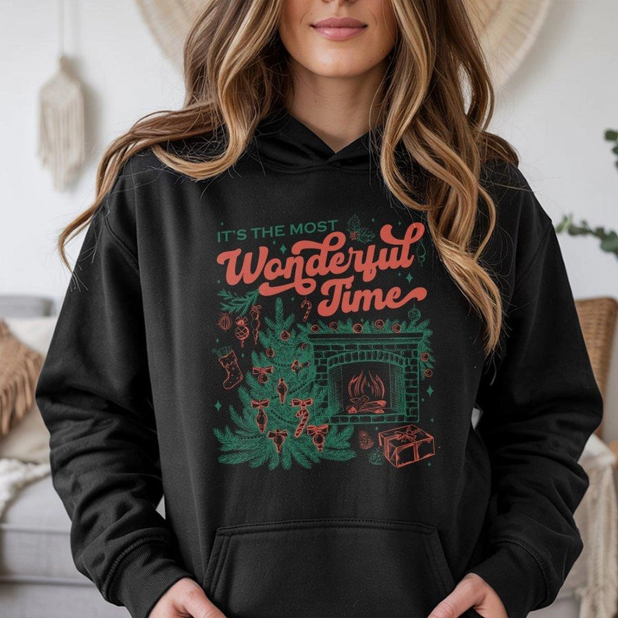It's The Most Wonderful Time Christmas Hoodie | Retro Fireplace & Pine Tree Graphic | Premium Cotton Blend | Cozy Holiday Gift for Family