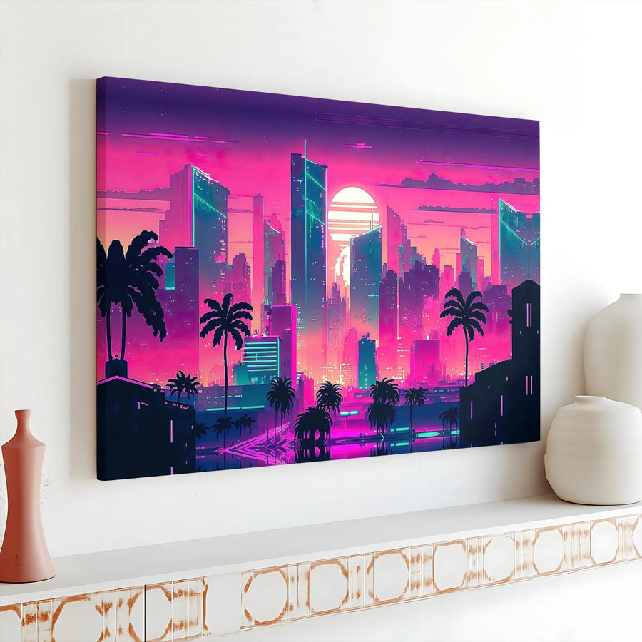 Synthwave Cityscape Canvas Wall Art | Neon Sunset Palm Tree Design | Premium Gallery Wrap 1.25-Inch Frame | Retro Aesthetic Gift for Home Decor